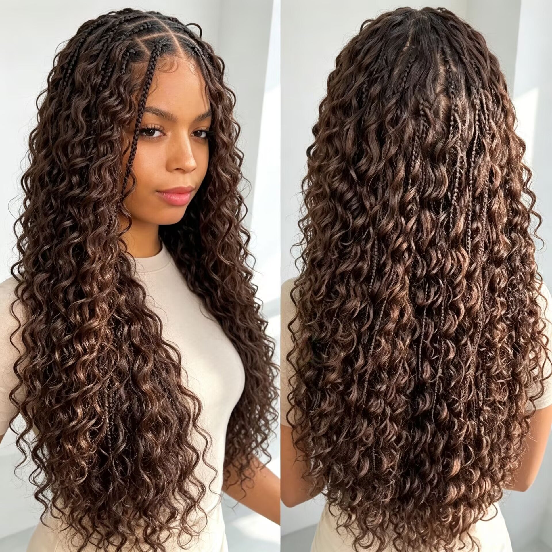 Zlike Boho Braided Water Wave Wig T1B/4 Ombre Brown 13x6 Lace Glueless Human Hair Wig