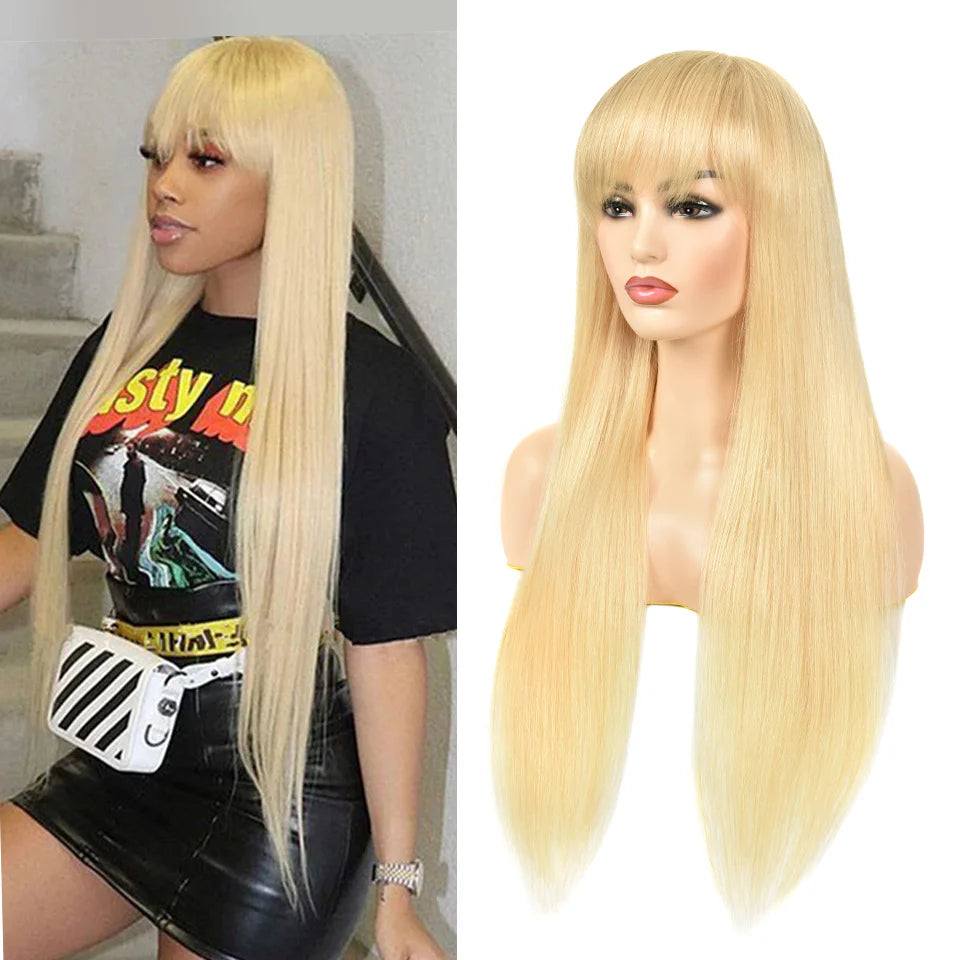 613 Blonde Straight Top Lace Wig With Bangs Natural Color Straight Glueless Human Hair Wigs