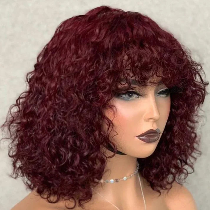 Put On To Go Jerry Curly No Lace Glueless Short Bob 100% Human Hair Wigs With Bangs