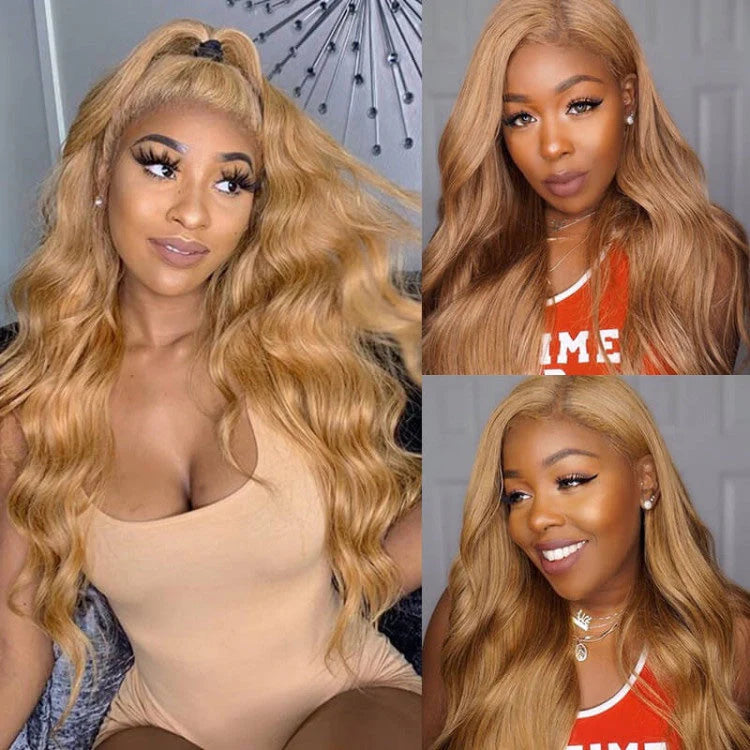 Honey Blonde #27 Highlight Body Wave Human Hair Wigs Lace Front Wig-Zlike