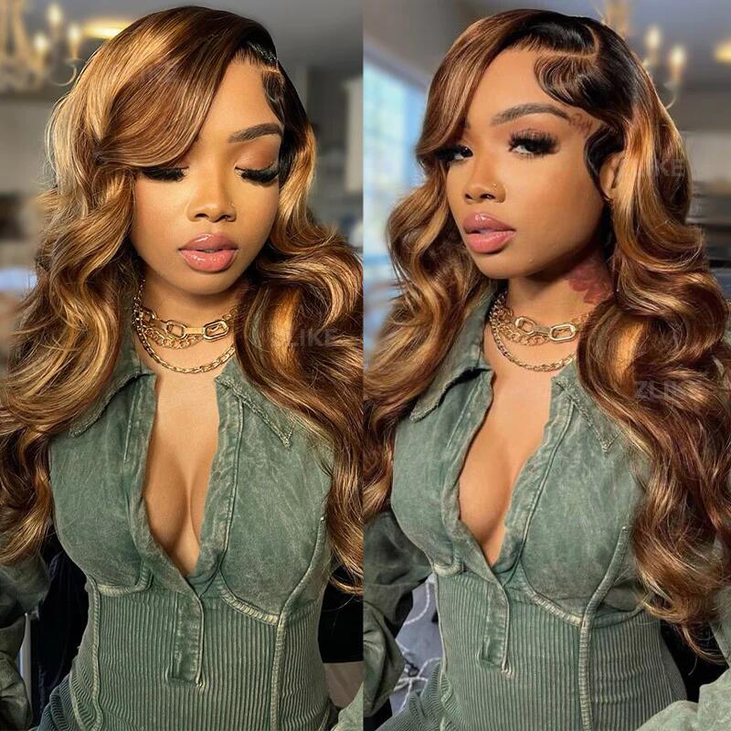 [Aicrelery] Black Roots Body Wave 4/27 Ombre Highlight HD Transparent Lace Frontal Human Hair Wigs