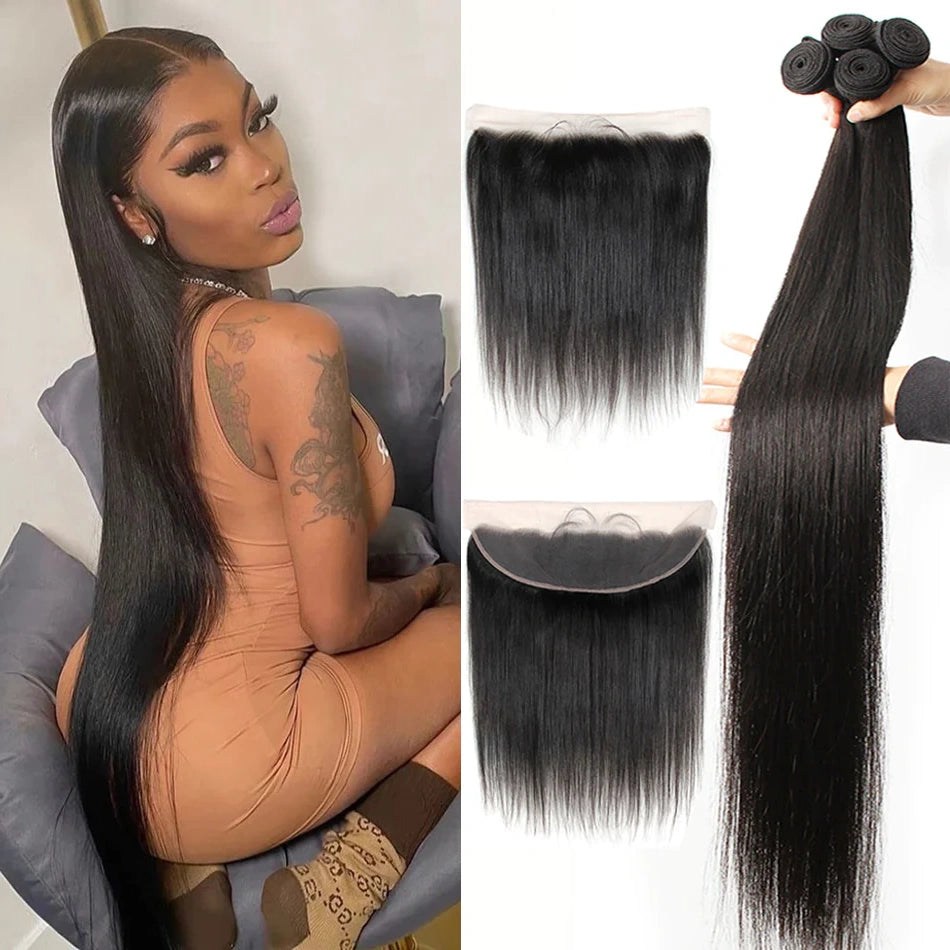 Long Straight 3 Bundles 13x4 Lace Frontal 100% Virgin Human