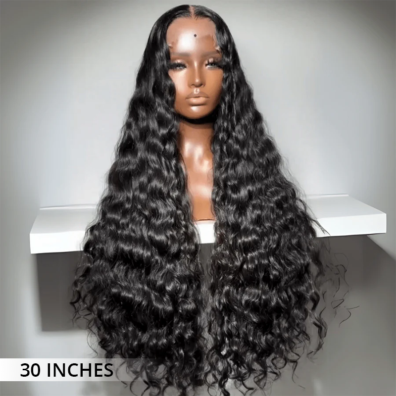 Natural wave lace wig worn with realistic hairline and voluminous human hair