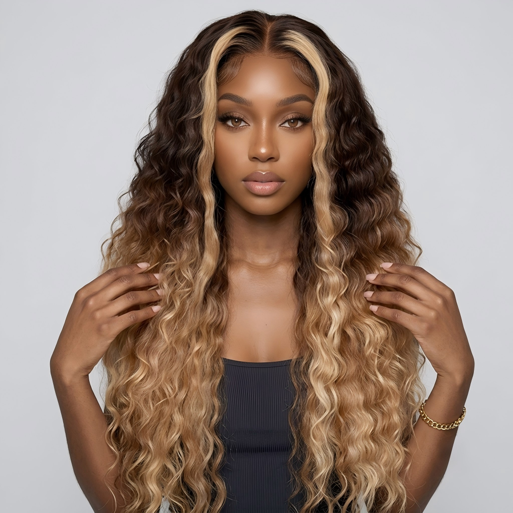 Ombre brown to blonde loose deep human hair wig with voluminous curls