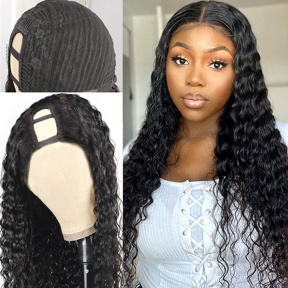 $129 = 2 Wigs | U Part Glueless Wear & Go Deep Wave Natural Color Wig + Glueless Wear & Go Jerry Curly Bob Highlight Wig With Bangs