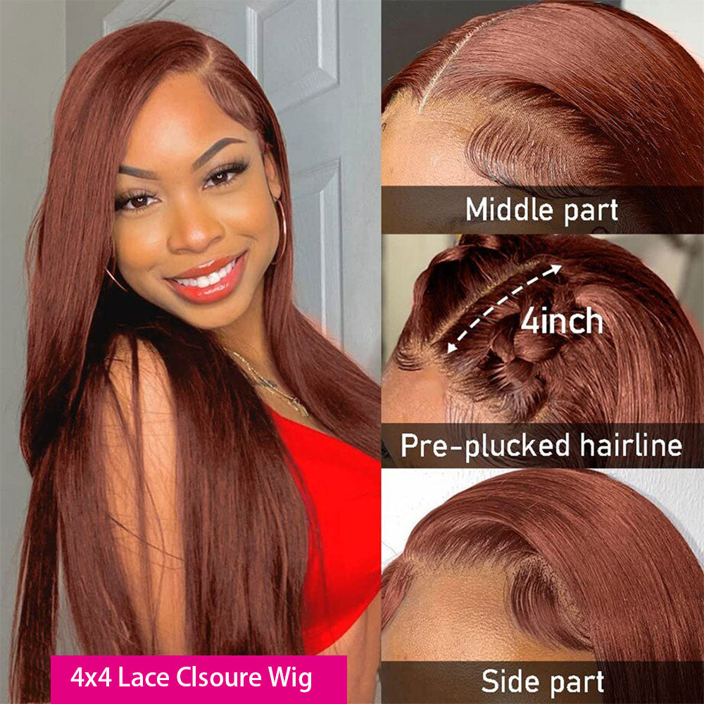 Reddish Brown 4x4 Straight Glueless Lace Closure Human Hair Wigs