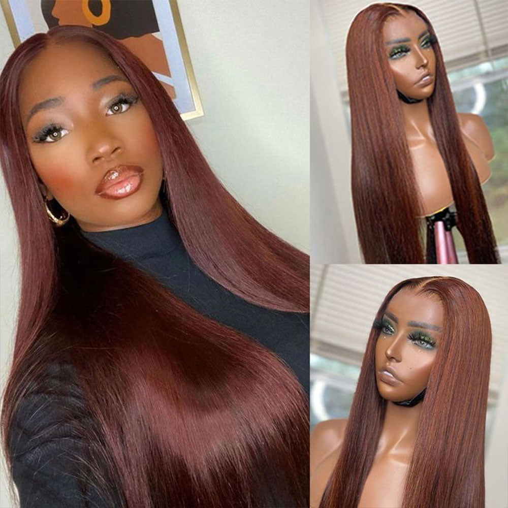 Reddish Brown 4x4 Straight Glueless Lace Closure Human Hair Wigs