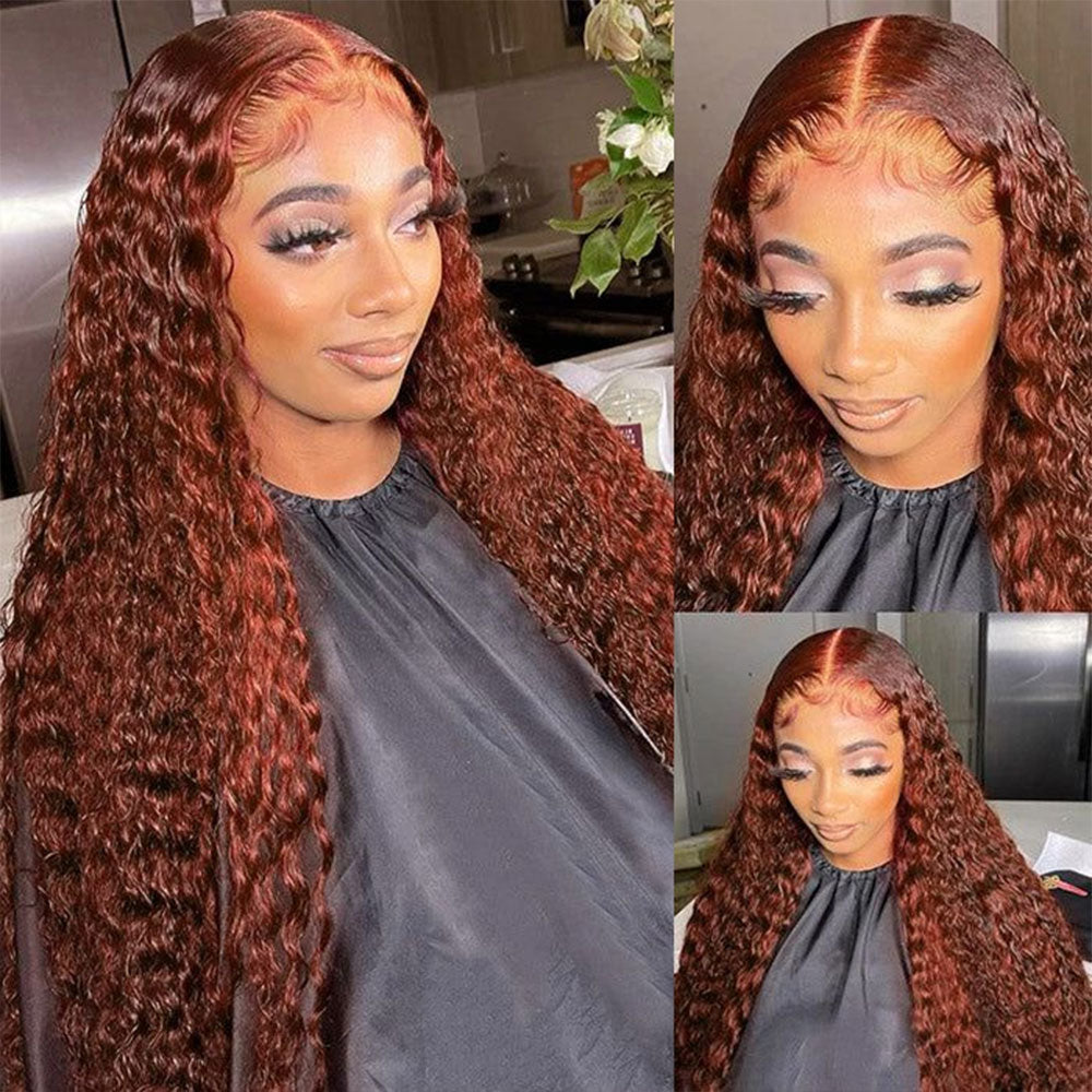 Reddish Brown 4x4 Water Wave Glueless Lace Closure Human Hair Wigs