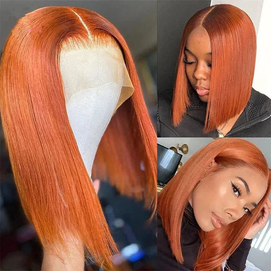 Short Orange Straight Bob Wig Human Hair Lace Front Bob Wigs-Zlike