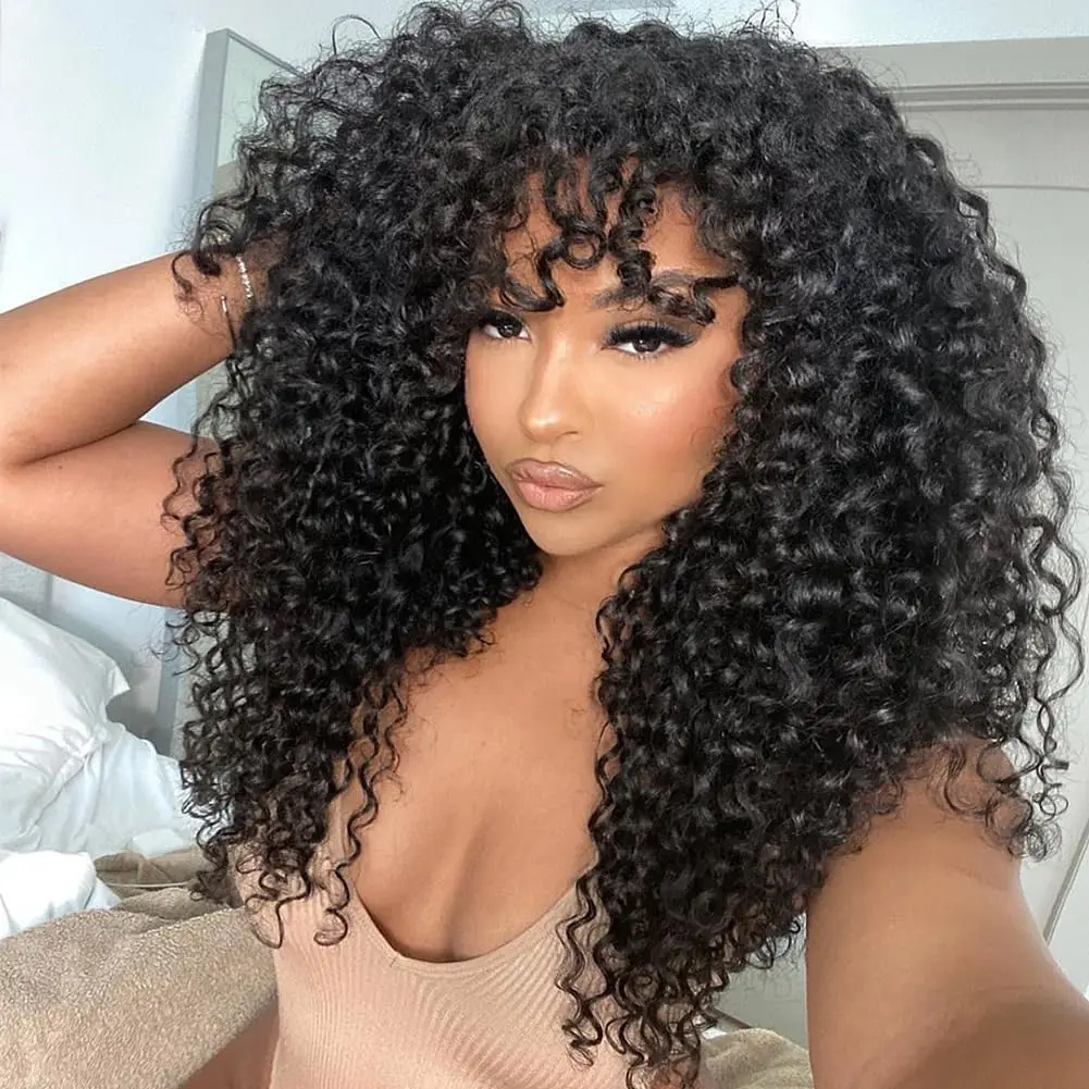 Zlike Curly Wave Wig With Bangs Natural Color Human Hair Glueless Wigs