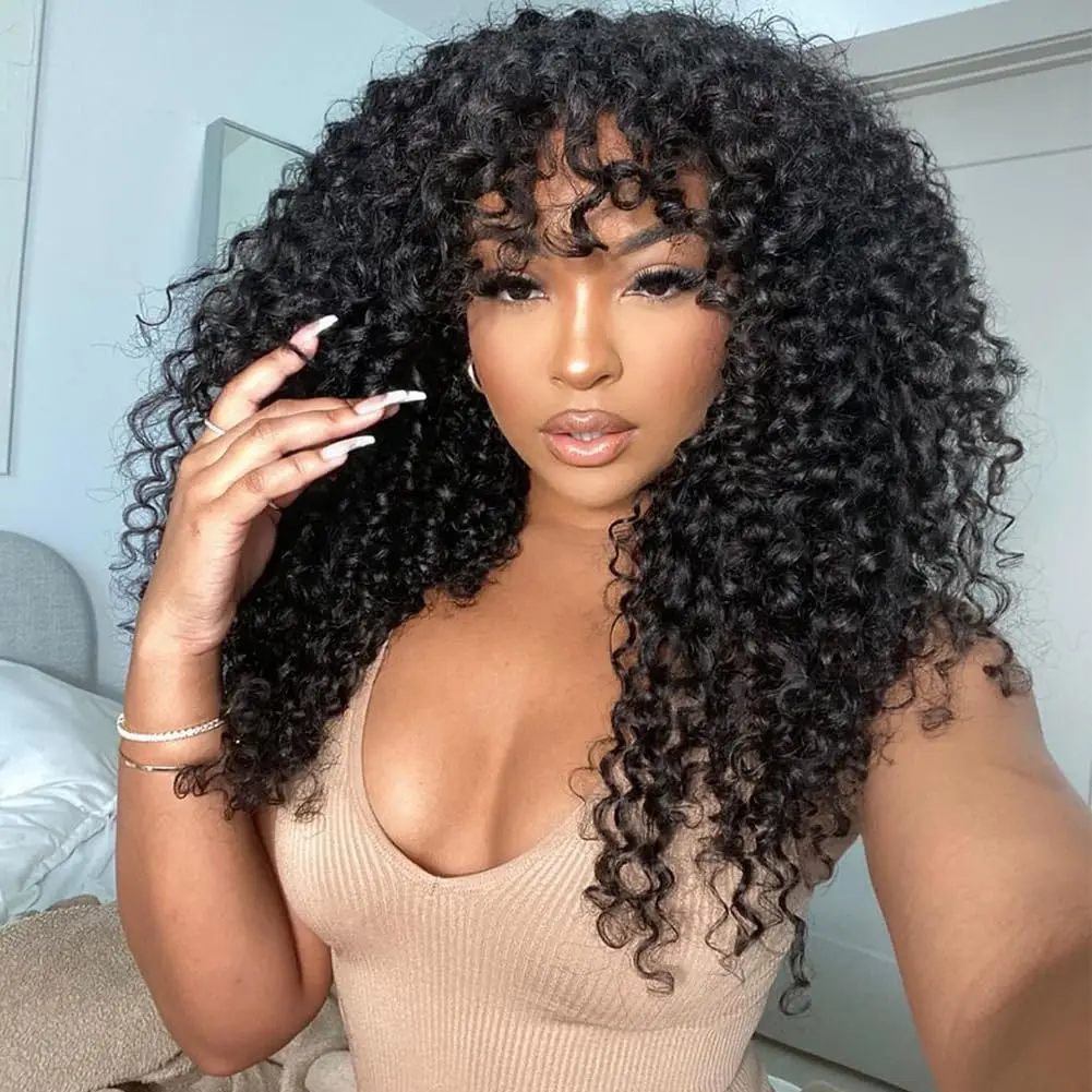 Zlike Curly Wave Wig With Bangs Natural Color Human Hair Glueless Wigs