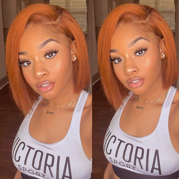 Short Orange Straight Bob Wig 13*4/4*4 Human Hair Lace Front Bob Wigs-Zlike