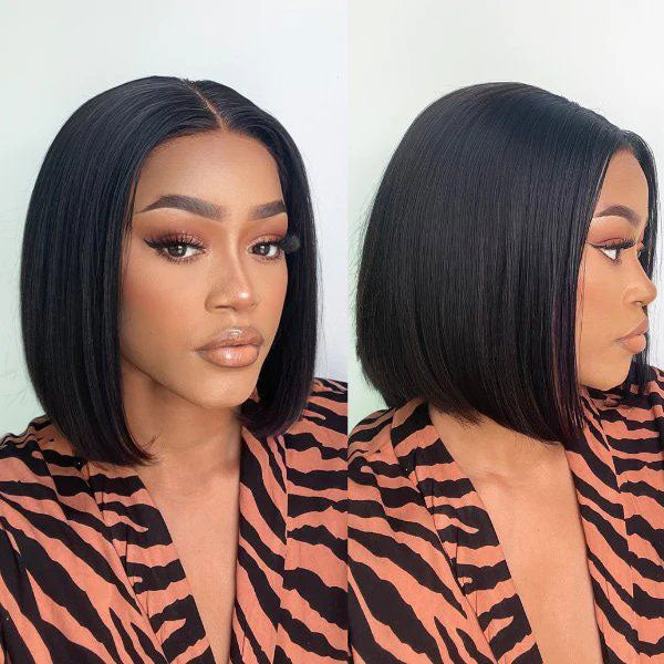 Short bob straight human hair wig with a sleek natural finish