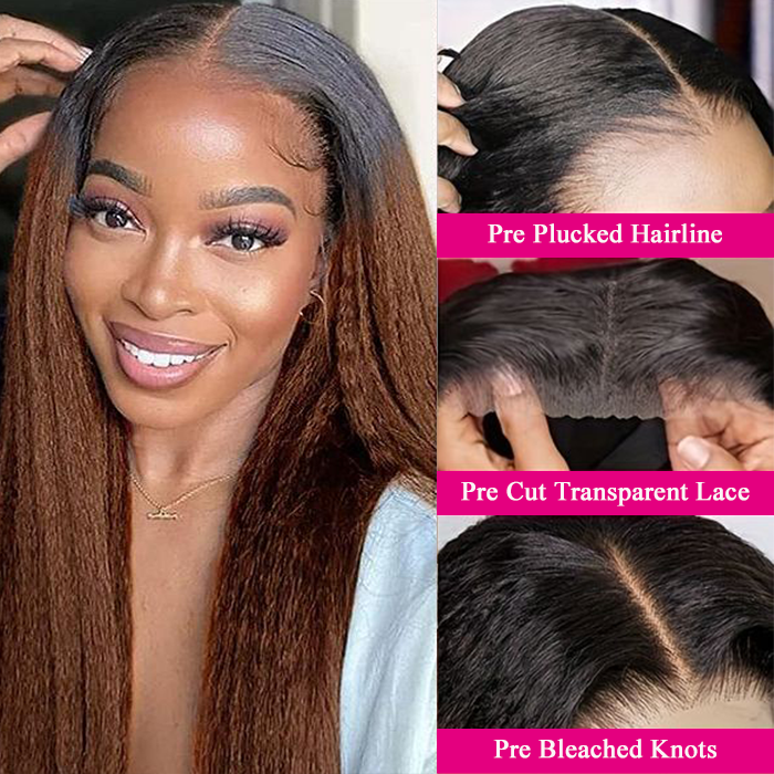 Invisi-Band Black Ombre Brown T1B/30 Yaki Straight 360 Lace Frontal Human Hair Wigs Natural Hairline