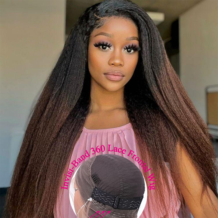 Invisi-Band Black Ombre Brown T1B/30 Yaki Straight 360 Lace Frontal Human Hair Wigs Natural Hairline