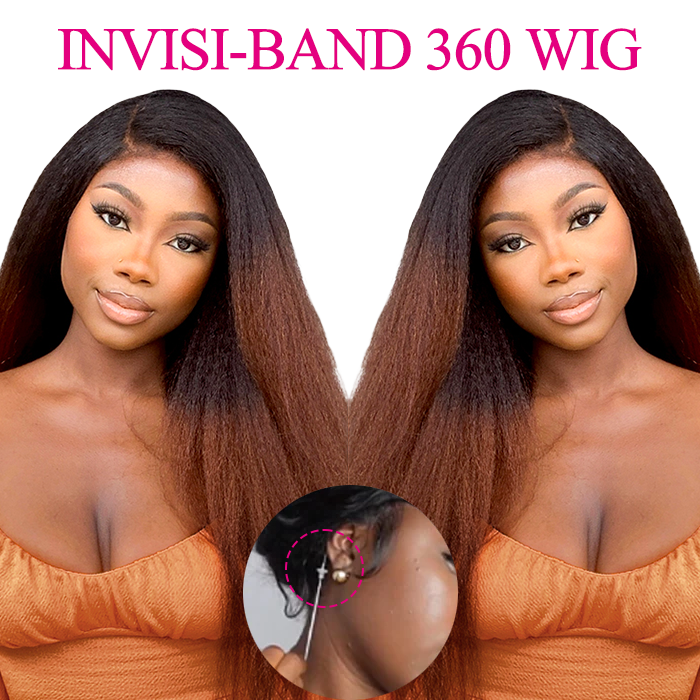 Invisi-Band Black Ombre Brown T1B/30 Yaki Straight 360 Lace Frontal Human Hair Wigs Natural Hairline