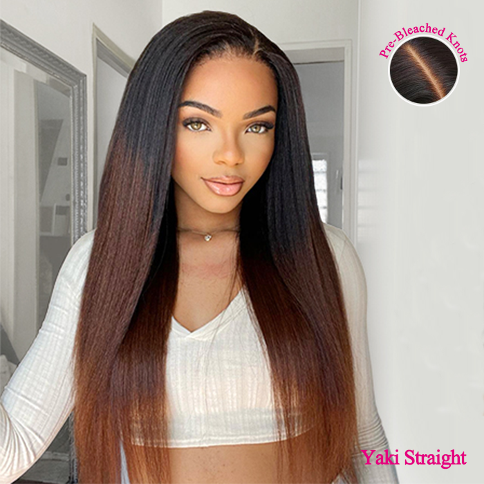 Invisi-Band Black Ombre Brown T1B/30 Yaki Straight 360 Lace Frontal Human Hair Wigs Natural Hairline