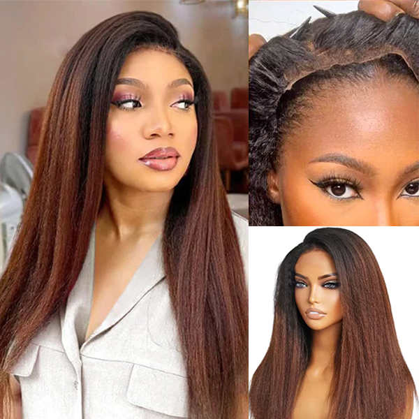 Invisi-Band Black Ombre Brown T1B/30 Yaki Straight 360 Lace Frontal Human Hair Wigs Natural Hairline