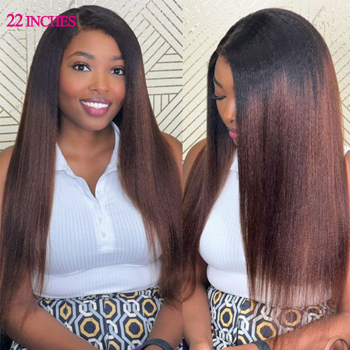 Invisi-Band Black Ombre Brown T1B/30 Yaki Straight 360 Lace Frontal Human Hair Wigs Natural Hairline