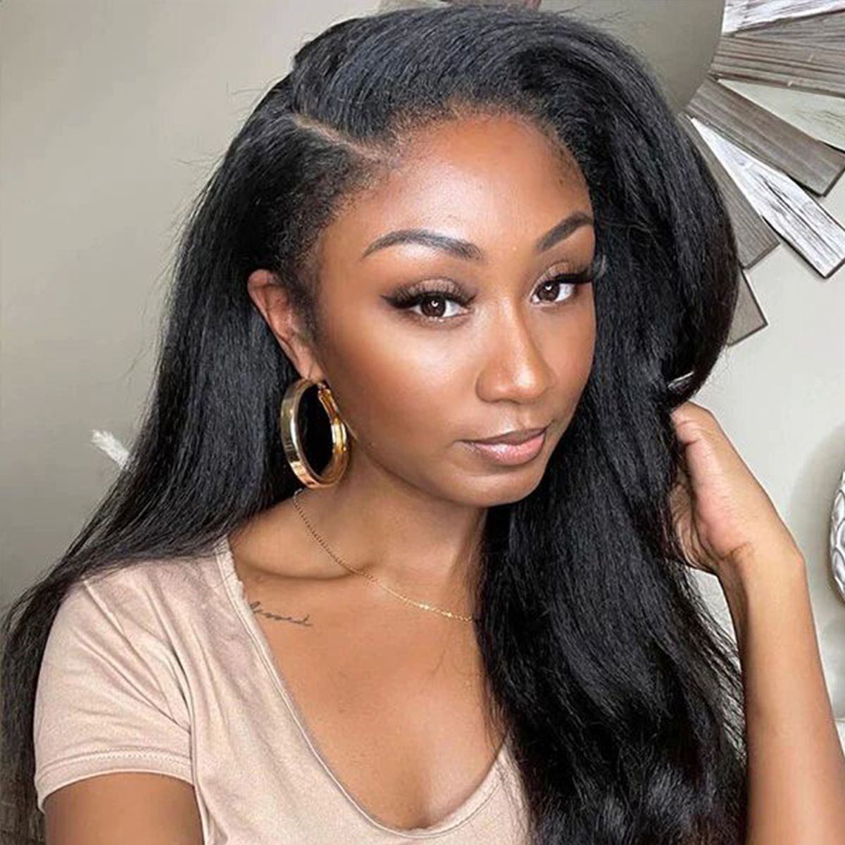 Zlike 4C Curly Edges Hairline Glueless Yaki Straight 7x5/13x4 Lace Frontal Wigs with Drawstring