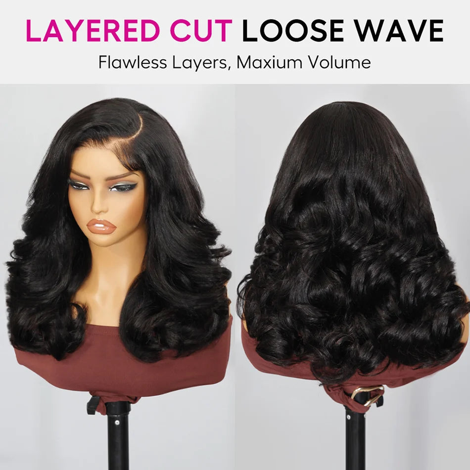 Zlike 250% Density Elegant Layered Cut Shoulder Length Loose Wavy Glueless Human Hair WIgs Full And Bouncy