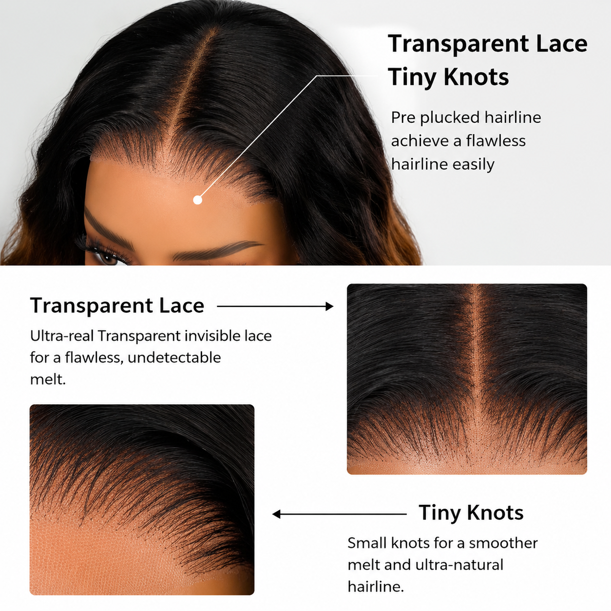 Transparent lace wig detail showing natural hairline and realistic scalp appearance