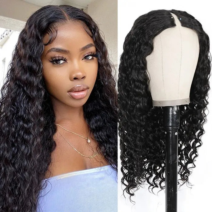 $129/2 Wigs | V Part Glueless Wear & Go Water Wave Wig + 8Inch #27 Honey Blonde Straight Bob 4X4 Lace Closure Wig