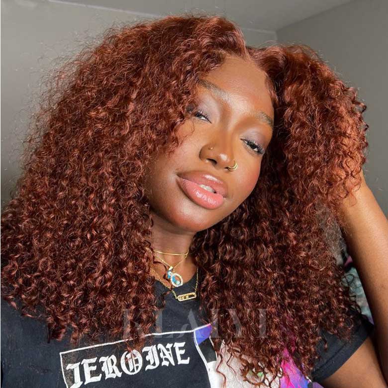 Kinky Curly #33 Reddish Brown Transparent Lace Closure Wigs With Baby Hair For Women