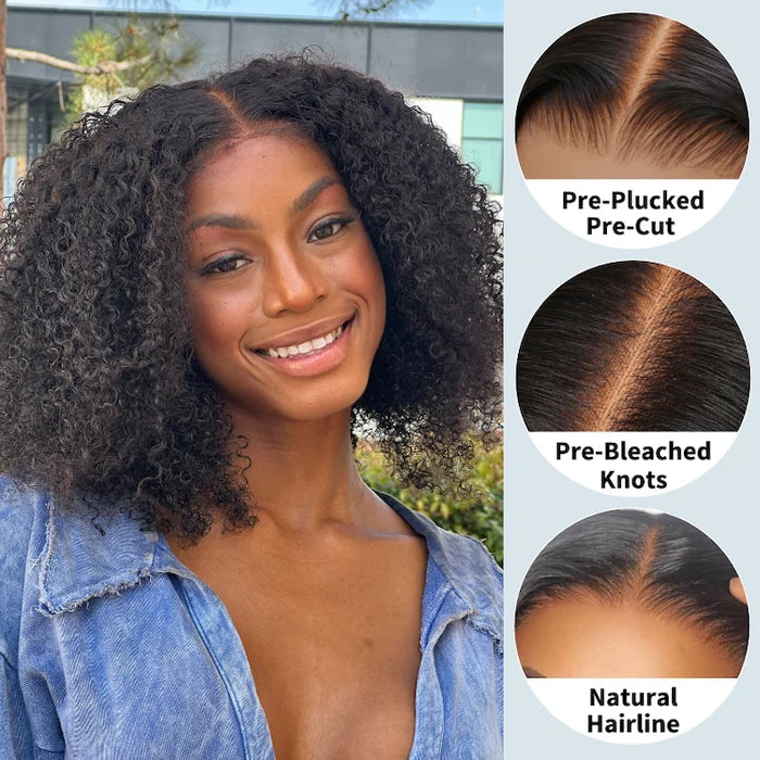 Pre Cut Glueless Kinky Curly Lace Wig Wear Go Human Hair Lace Closure Wigs Natural Hairline