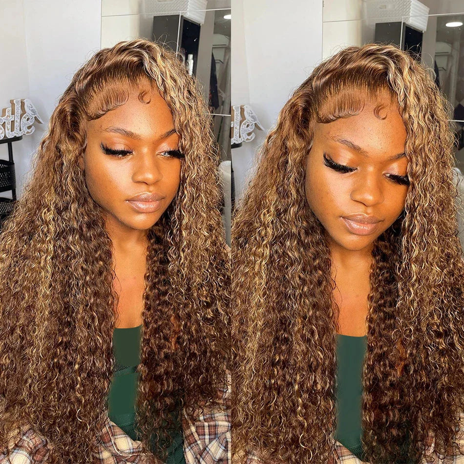 Water Wave Invisi-Band 360 Lace Frontal Wigs Highlight Honey Blonde Glueless Human Hair Wigs