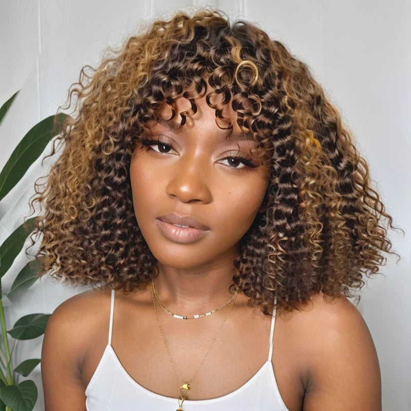 $129 = 2 Wigs | U Part Glueless Wear & Go Deep Wave Natural Color Wig + Glueless Wear & Go Jerry Curly Bob Highlight Wig With Bangs