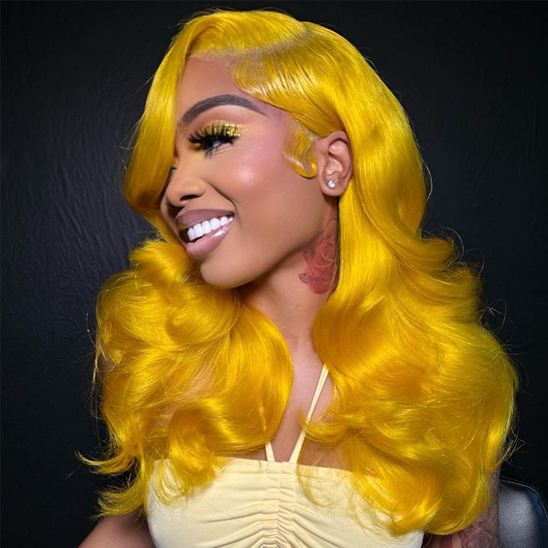 Zlike Ginger Lemon Yellow Spring Colored Lace Front Human Hair Wigs Natural Hairline