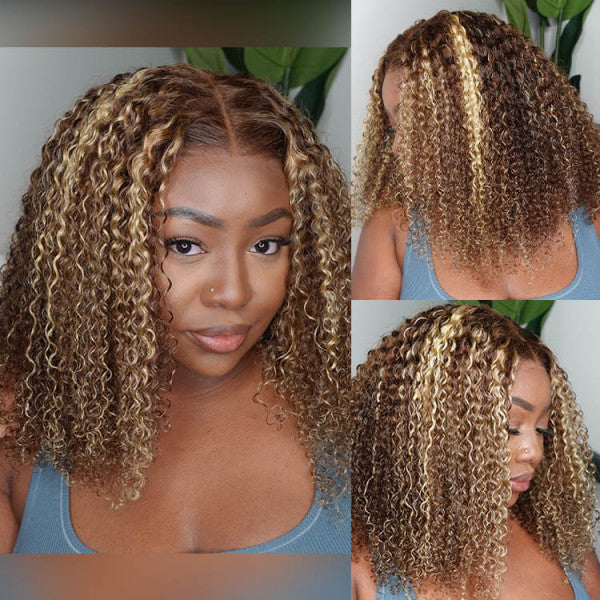 Pre Plucked Honey Blonde Highlights P4/27 Colored Kinky Curly Transparent Lace Human Hair Wigs