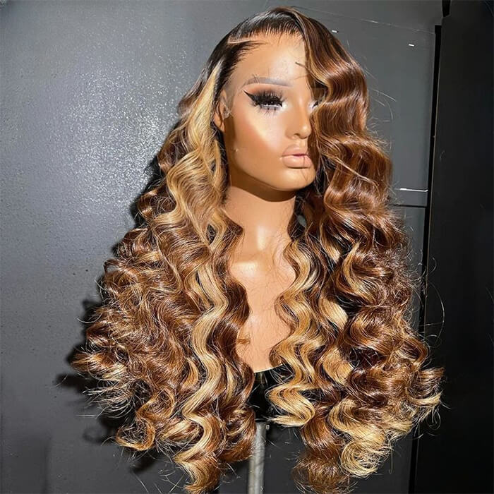 300% Density Pre Cut Honey Blonde Highlight Loose Deep Wigs Virgin Human Hair Transparent Lace Front Glueless Wigs