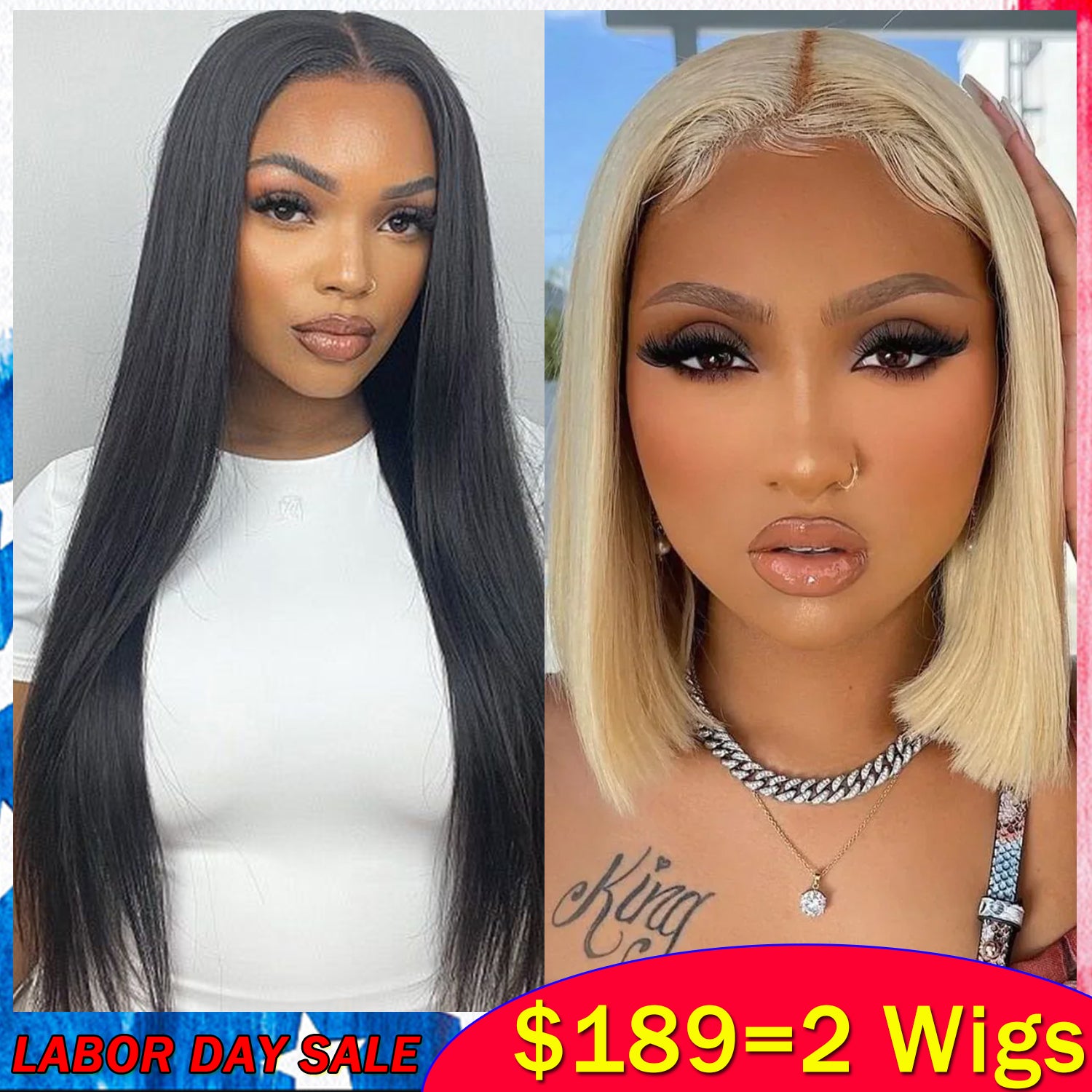 $189=2 Wigs | Bone Straight 13X4 Lace Frontal Wig Pre Plucked + 12Inch 613 Blonde Bob Wig 13X4 Lace Frontal Wig Human Hair Flash Sale