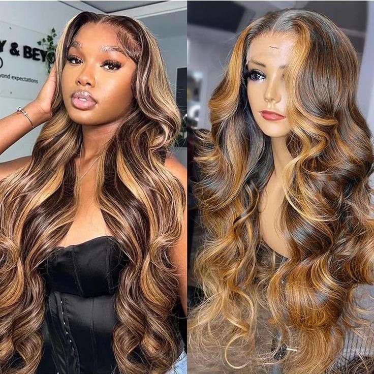 Highlight Honey Brown #4/27 Body Wave Transparent Lace Closure Human Hair Wigs With Baby Hair