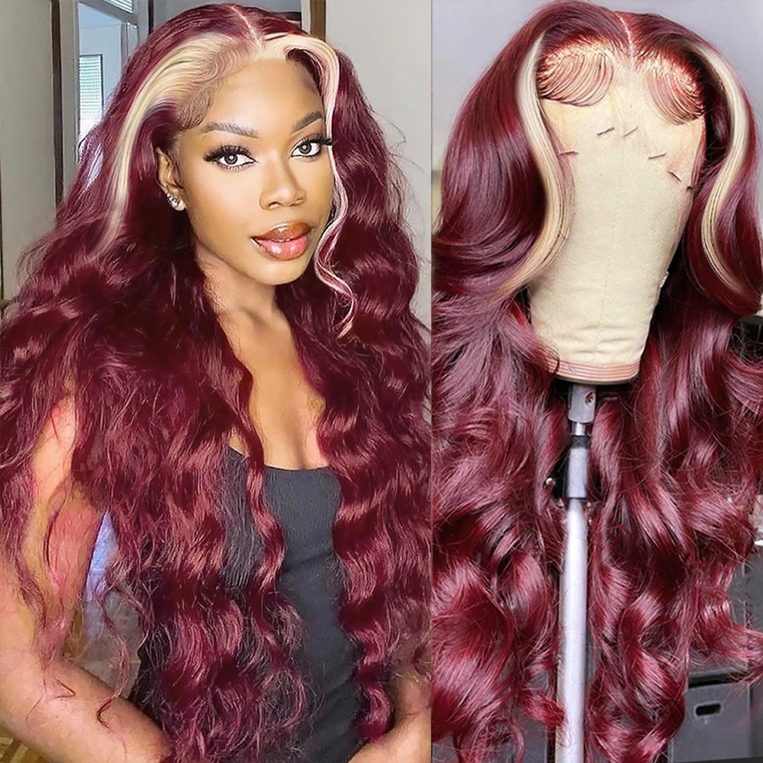 Burgundy 613 Blonde Skunk Stripe Body Wave 13x4 Lace Front Wigs For Women-Zlike