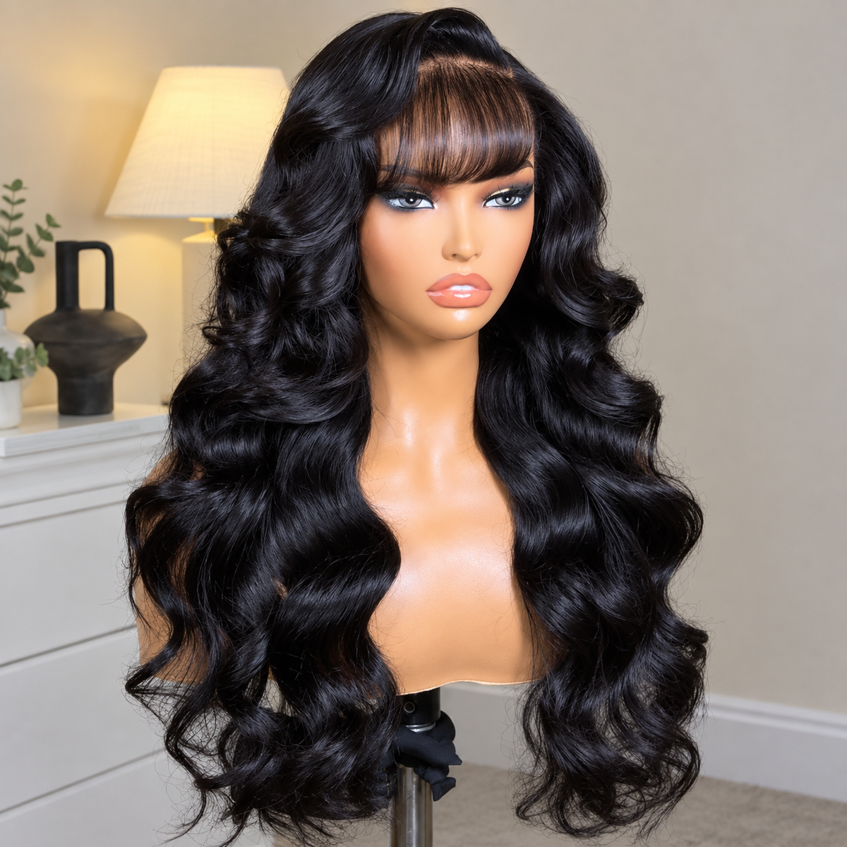 Zlike Ready To Wear Pre-Styled Loose Body Wave Wig with Wispy Air Bangs 13x4 Lace Front Glueless Side Part Human Hair Wig