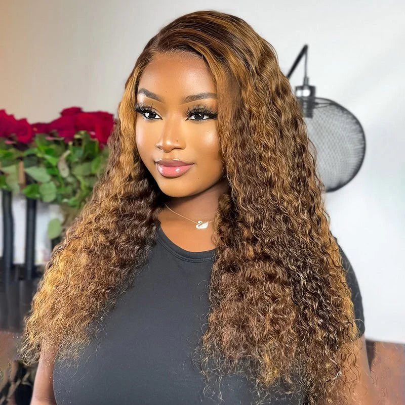 Water Wave Invisi-Band 360 Lace Frontal Wigs Highlight Honey Blonde Glueless Human Hair Wigs