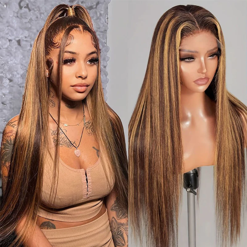 #4/27 Honey Blonde Highlights Straight Transparent Lace Closure Wig Glueless Human Hair Wigs