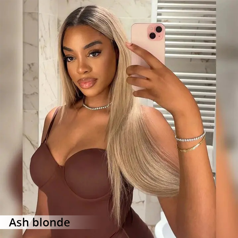 Zlike 13x4 Lace Straight Body Wave Blonde Ombre Wigs with Dark Roots Drawstring Glueless Wigs Pre-Cut Transparent Lace 100% Human Hair