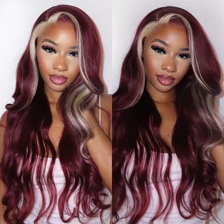 Burgundy 613 Blonde Skunk Stripe Body Wave 13x4 Lace Front Wigs For Women-Zlike