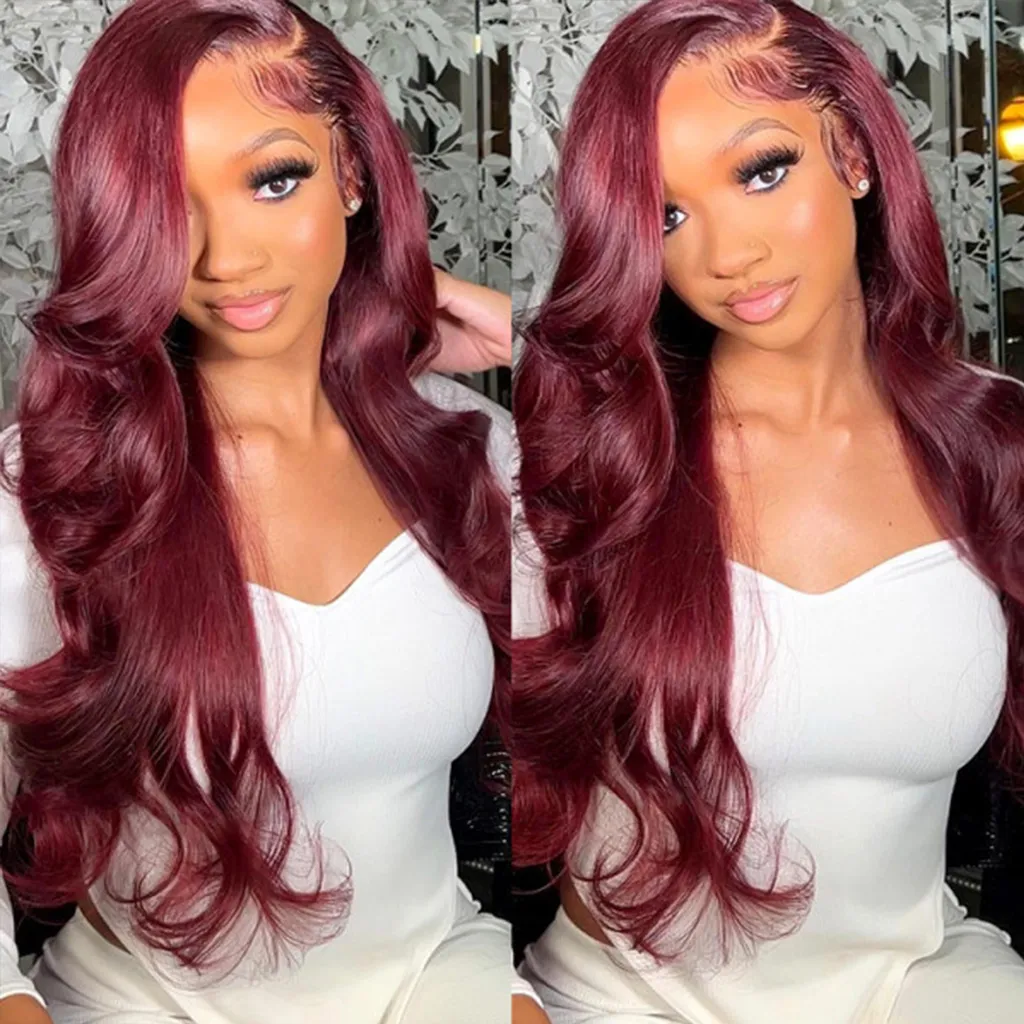 Clearance Sale | Burgundy Red Colored Body Wave 100% Human Hair Transparent Lace Front Wigs