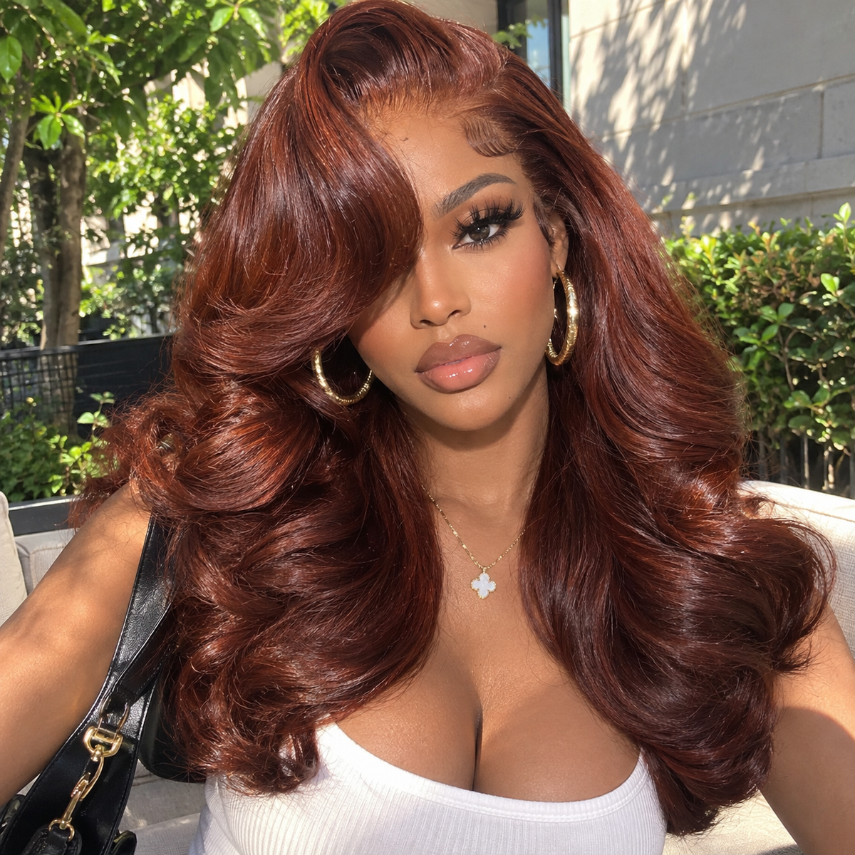 Zlike Copper Red Colored Human Hair Wig Layered Body Wave Ready To Go Wigs with Curtain Bangs