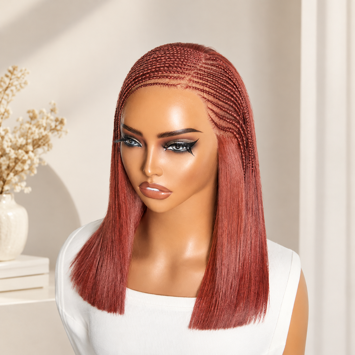 Zlike Fulani Braids Copper Red Straight Frontal Lace Bob Wig Pre-Cut 13x4 Transparent Lace Wigs Pre-Braided Bob Wigs