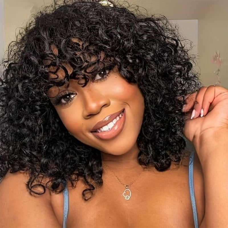 Bouncy Curly Glueless Wear Go Bob Wigs With Bangs 100% Human Hair Wigs