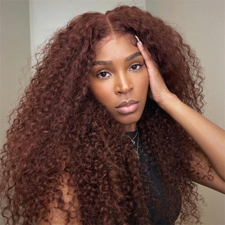 Pre Plucked #33 Reddish Brown Kinky Curly Transparent Lace Human Hair Wigs Natural Hairline