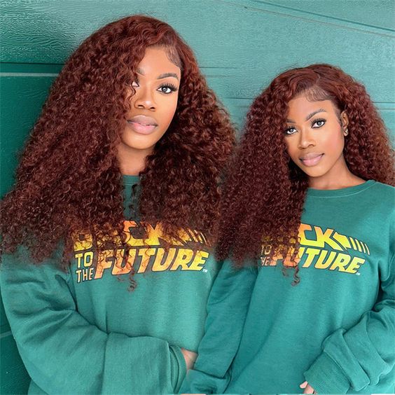 [BOGO] #33 Reddish Brown Kinky Curly Transparent Lace Human Hair Wigs With Baby Hair