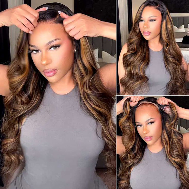 Back view of black root body wave human hair wig with full volume
