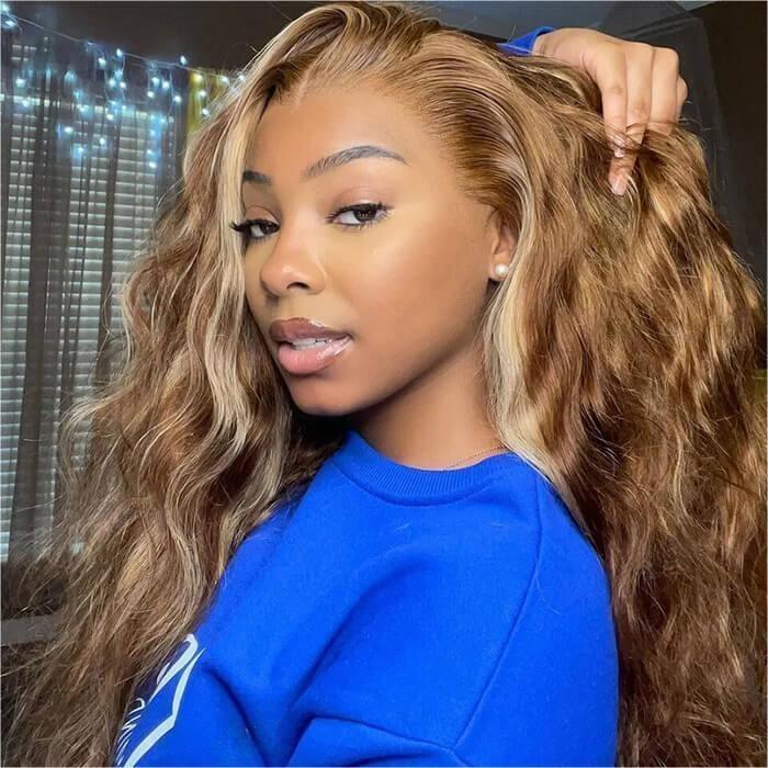 169=2 Wigs Ombre Blonde Highlight 5x5 Pre Cut Lace Wig + Curly Wig With Bangs Machine Made Flash Sale